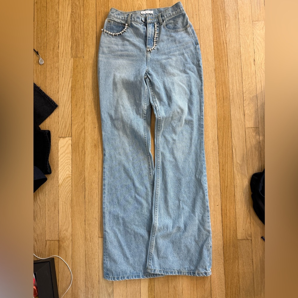 NWOT AREA embellished wide/straight leg jeans w AREA logo jewelry - 0